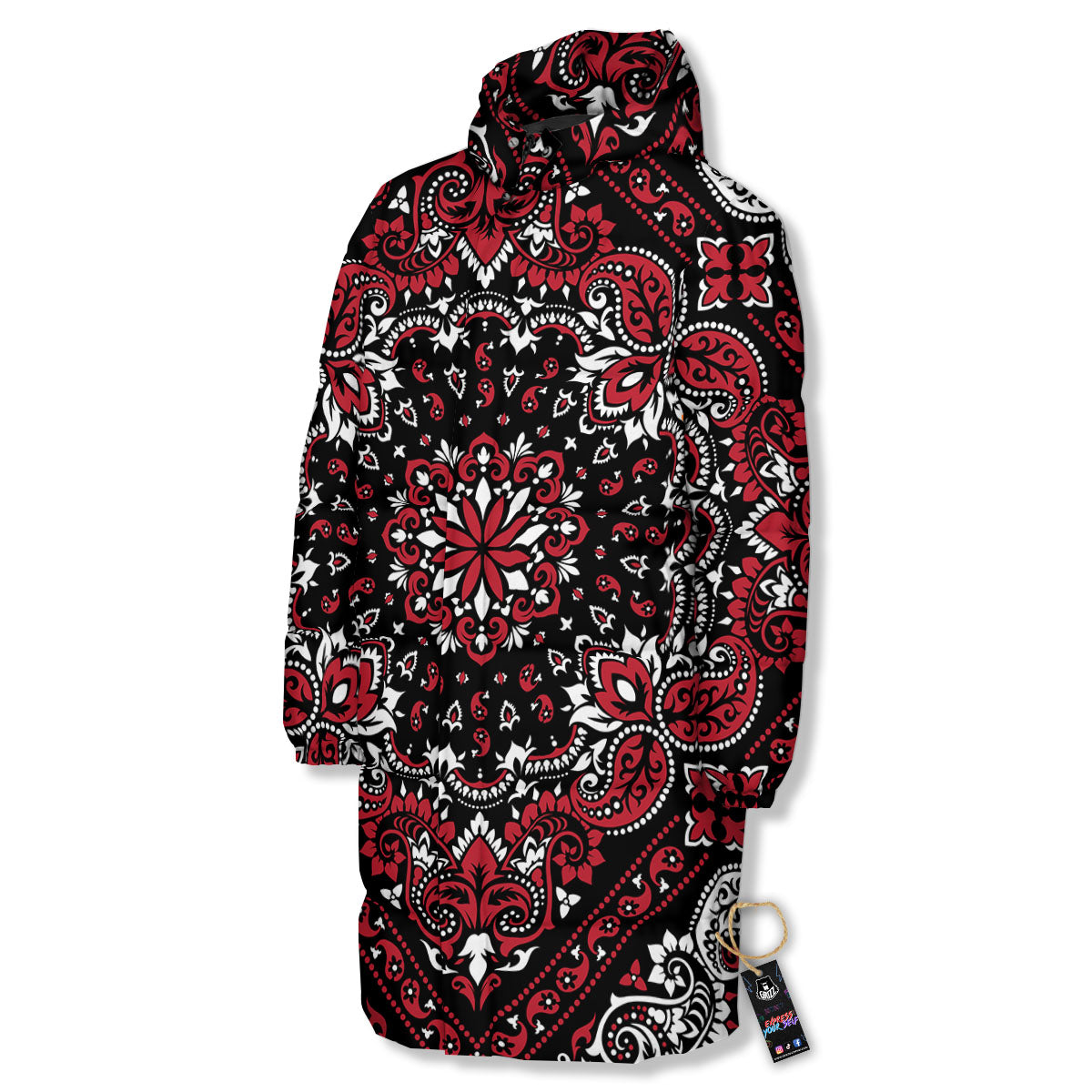 Red Black Bandana Paisley Print Long Down Jacket