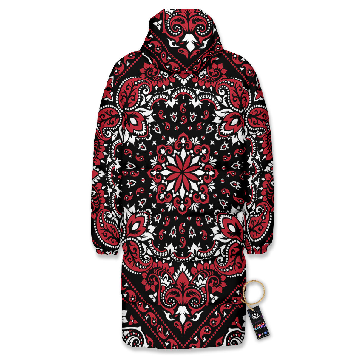 Red Black Bandana Paisley Print Long Down Jacket