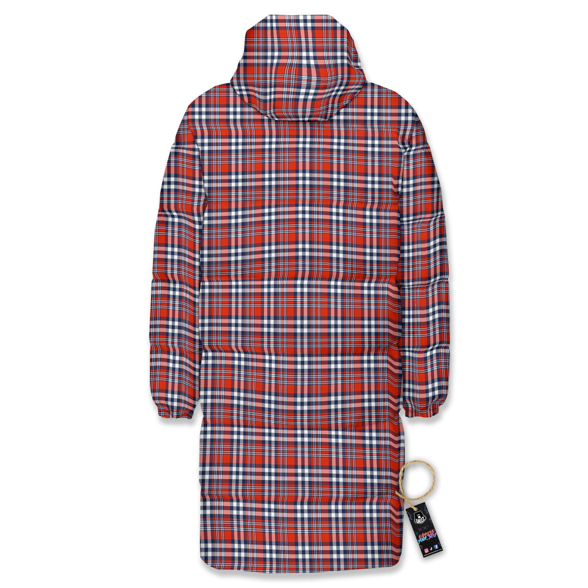 Red Blue And White Check Print Pattern Long Down Jacket