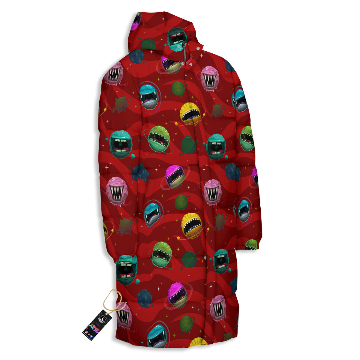 Red Monster Planets Print Pattern Long Down Jacket