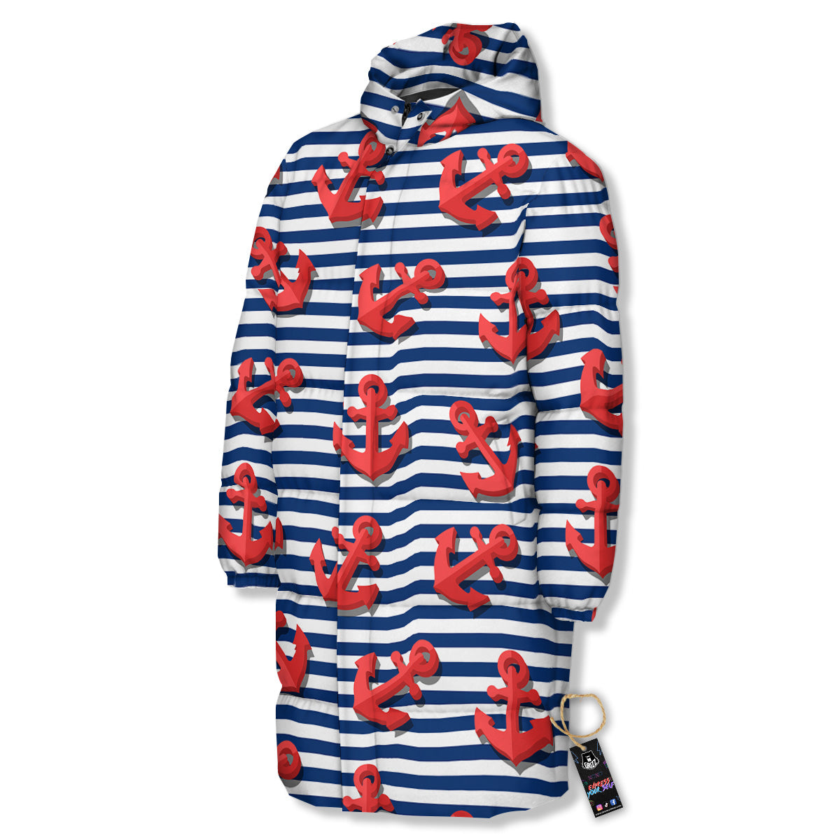 Red Nautical Anchor Blue Striped Print Long Down Jacket