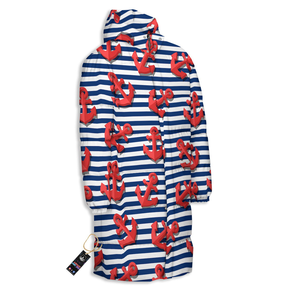 Red Nautical Anchor Blue Striped Print Long Down Jacket
