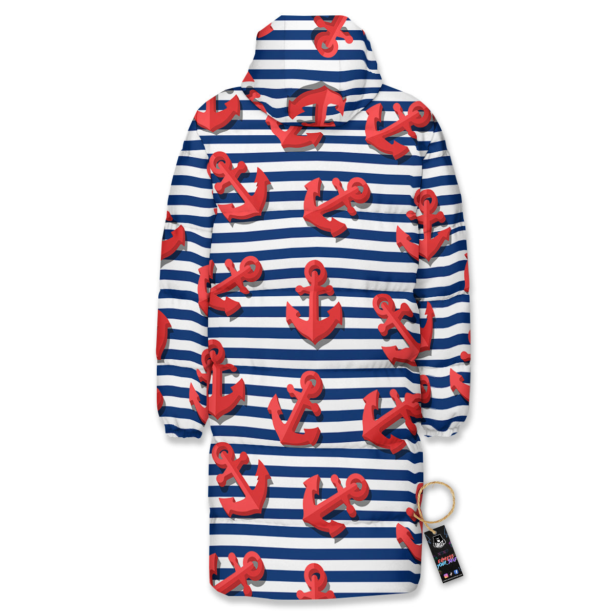 Red Nautical Anchor Blue Striped Print Long Down Jacket