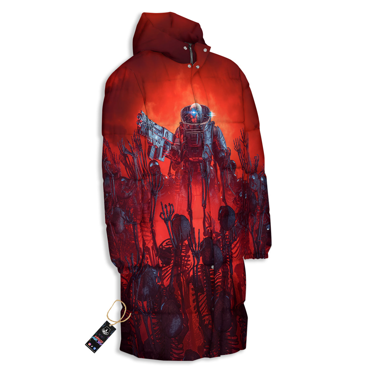 Red Robot And Skeleton Troop Print Long Down Jacket