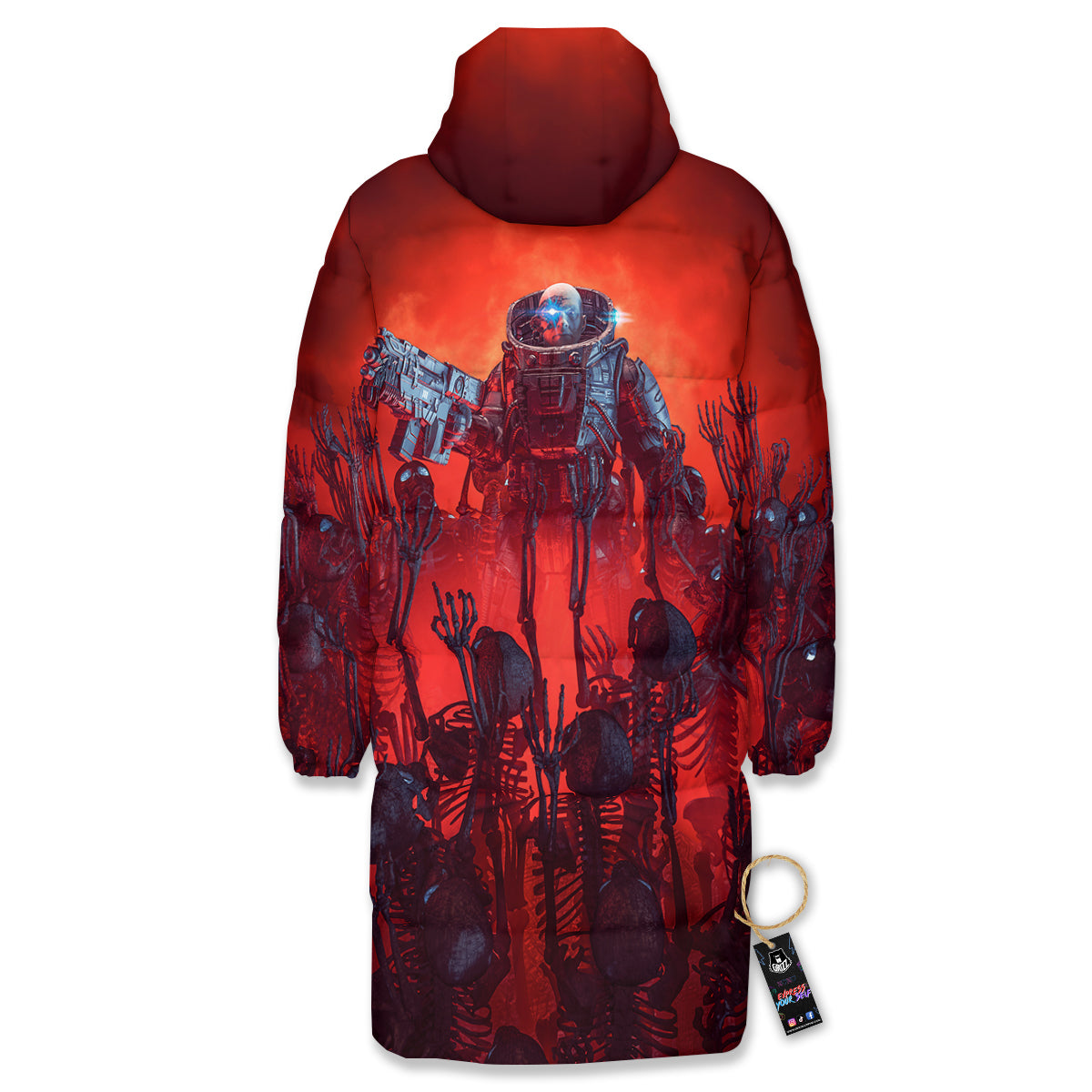 Red Robot And Skeleton Troop Print Long Down Jacket