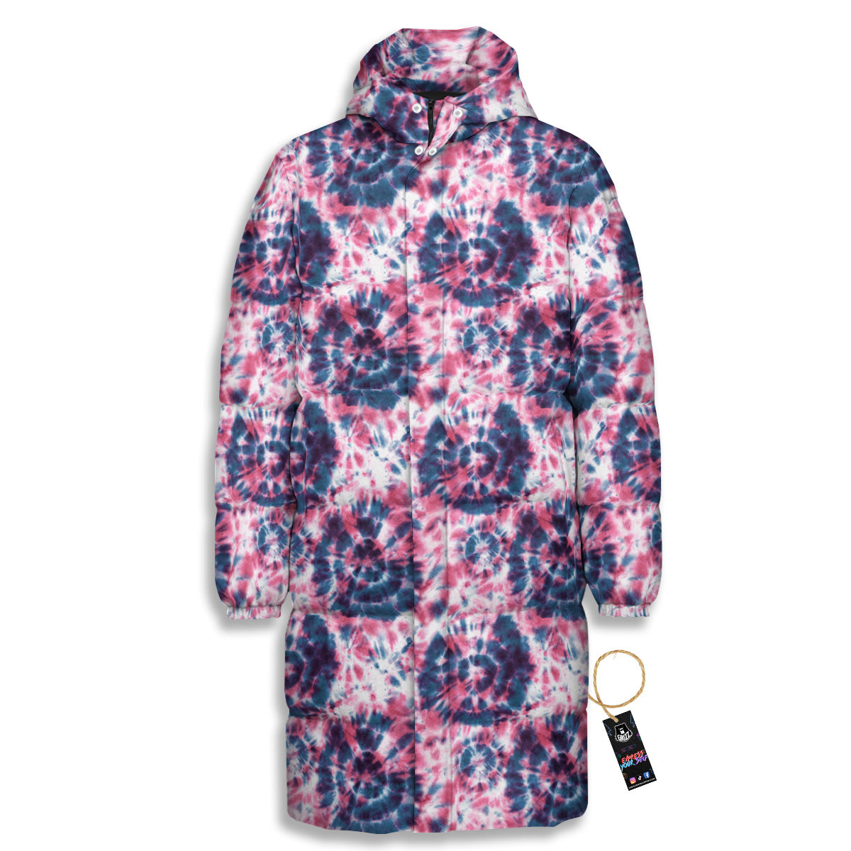 Red Tie Dye Blue Shibori Print Pattern Long Down Jacket