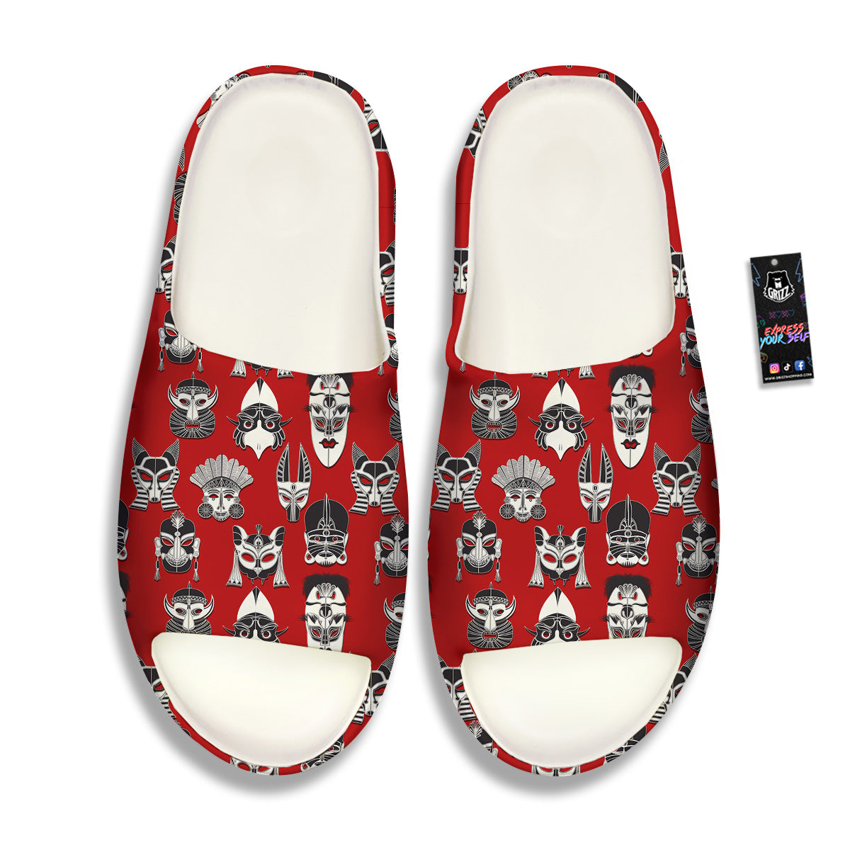 Red White Tribal Mask Print Pattern Sandals-grizzshop