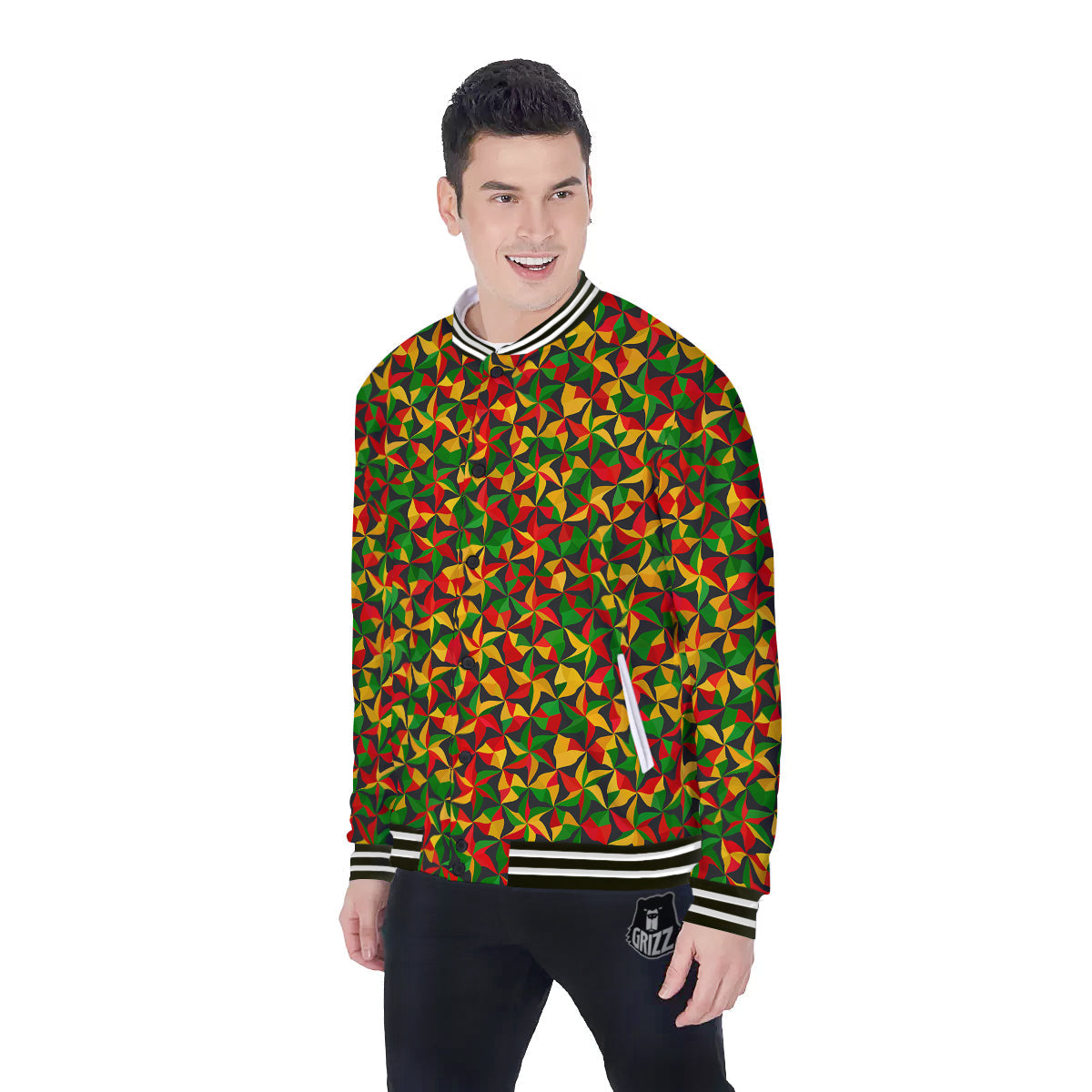 Reggae Abstract Geometric Print Pattern Baseball Jacket-grizzshop