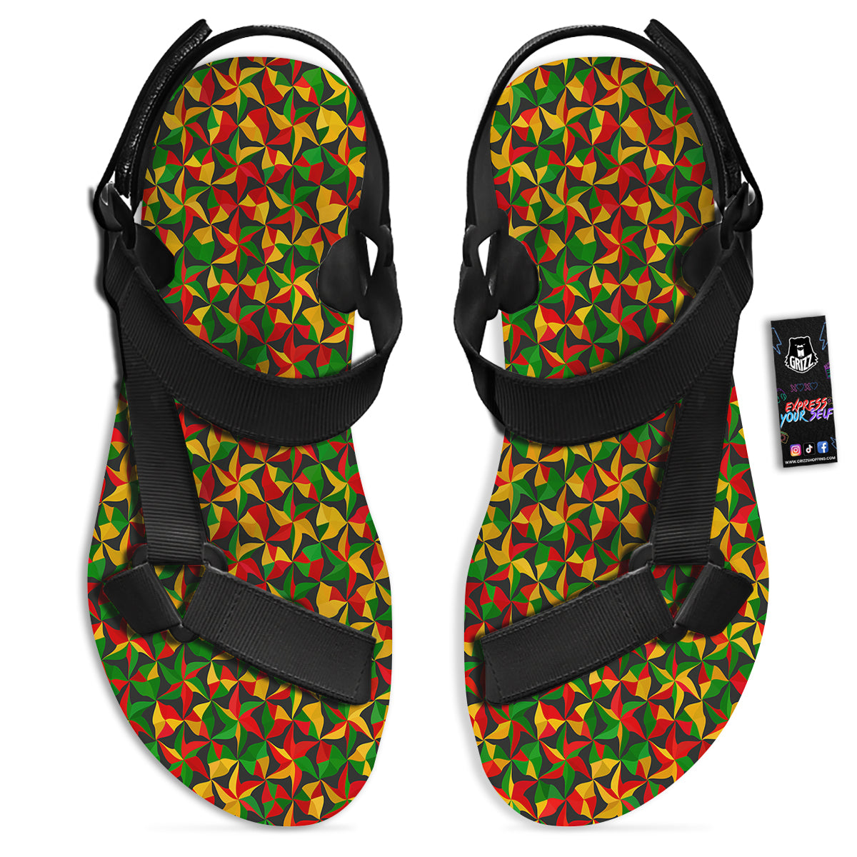 Reggae Abstract Geometric Print Pattern Black Open Toe Sandals-grizzshop