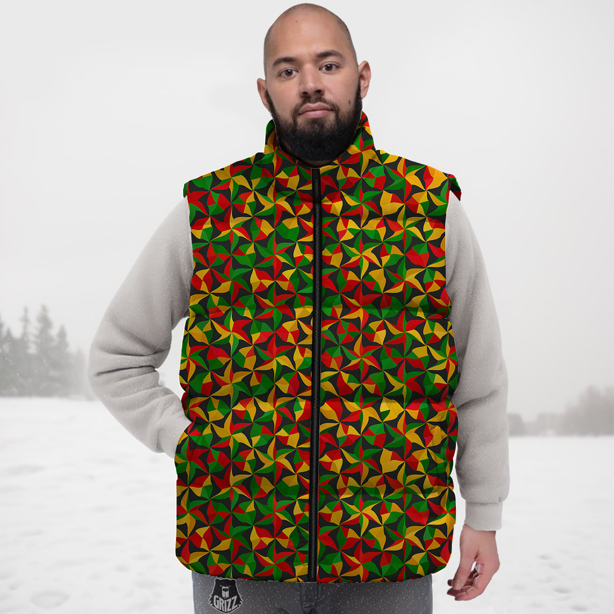 Reggae Abstract Geometric Print Pattern Down Vest-grizzshop