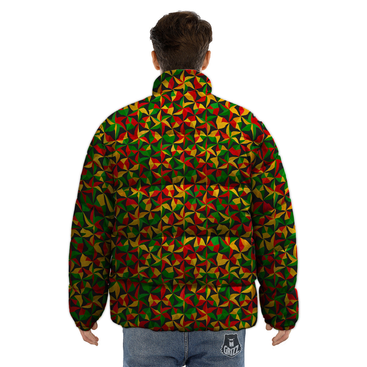 Reggae Abstract Geometric Print Pattern Puffer Jacket-grizzshop