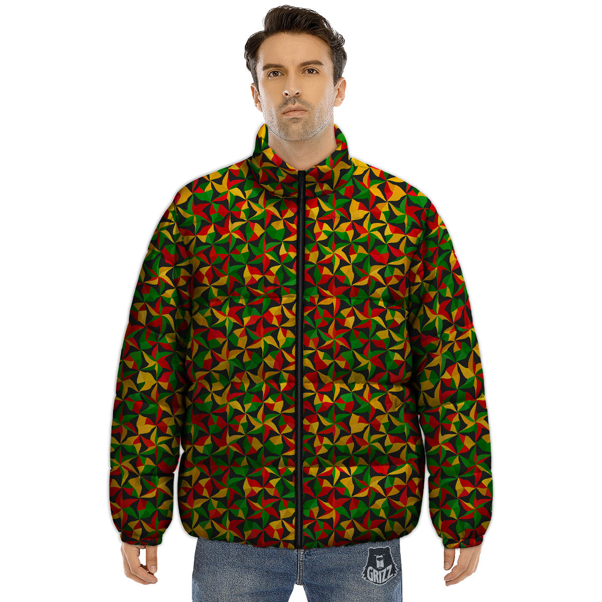 Reggae Abstract Geometric Print Pattern Puffer Jacket-grizzshop