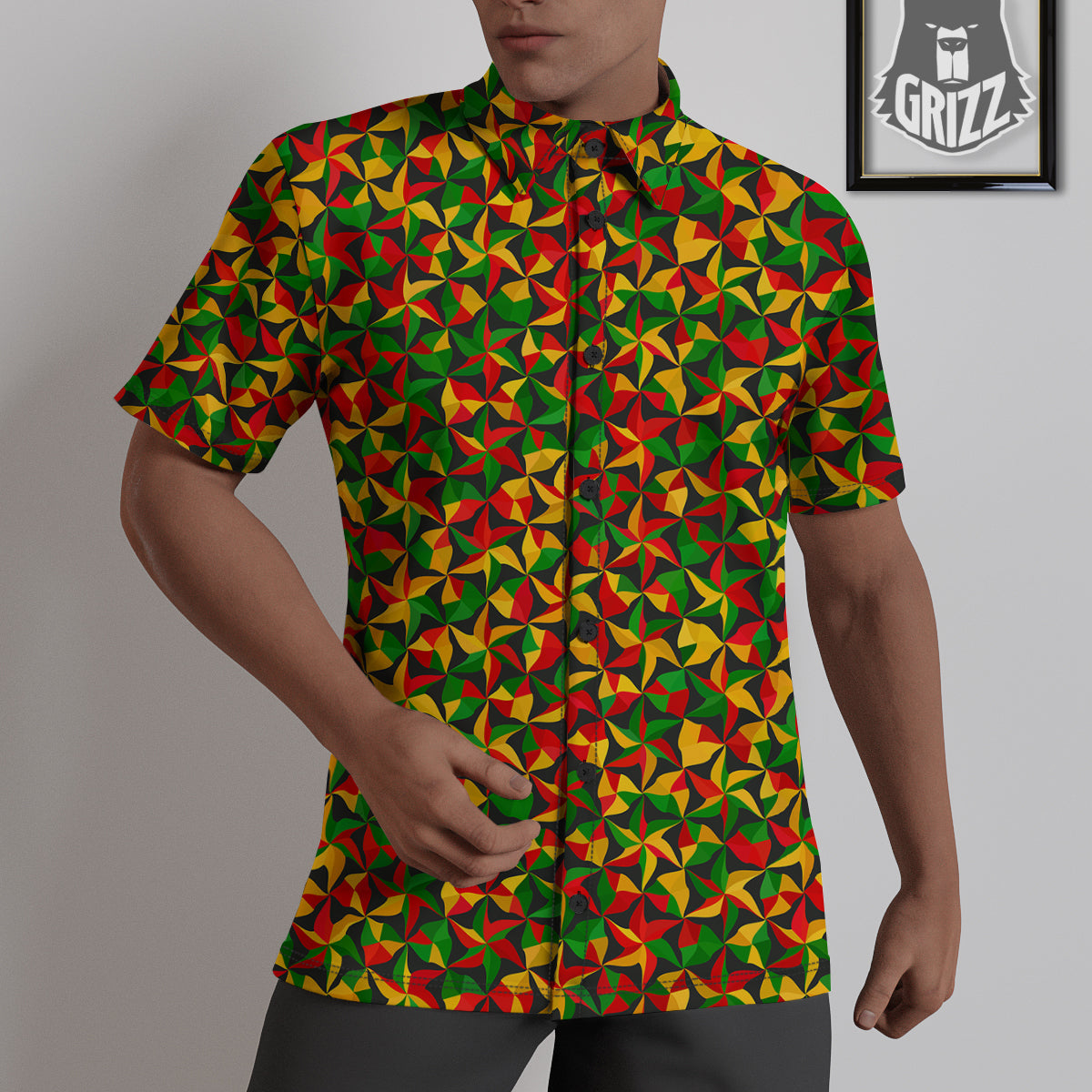 Reggae Abstract Geometric Print Pattern Untucked Shirts-grizzshop