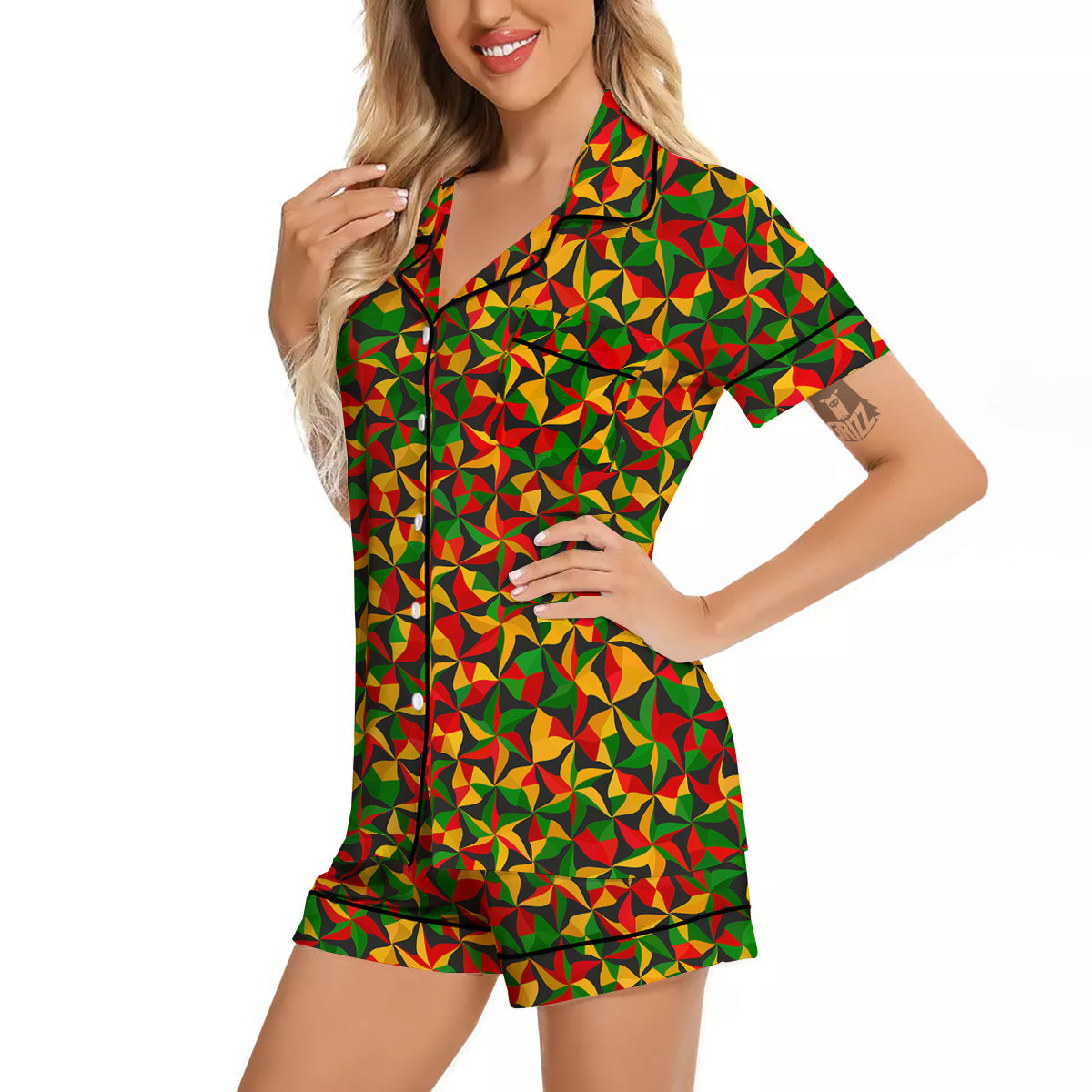 Reggae Abstract Geometric Print Pattern Women Silk Pajamas-grizzshop