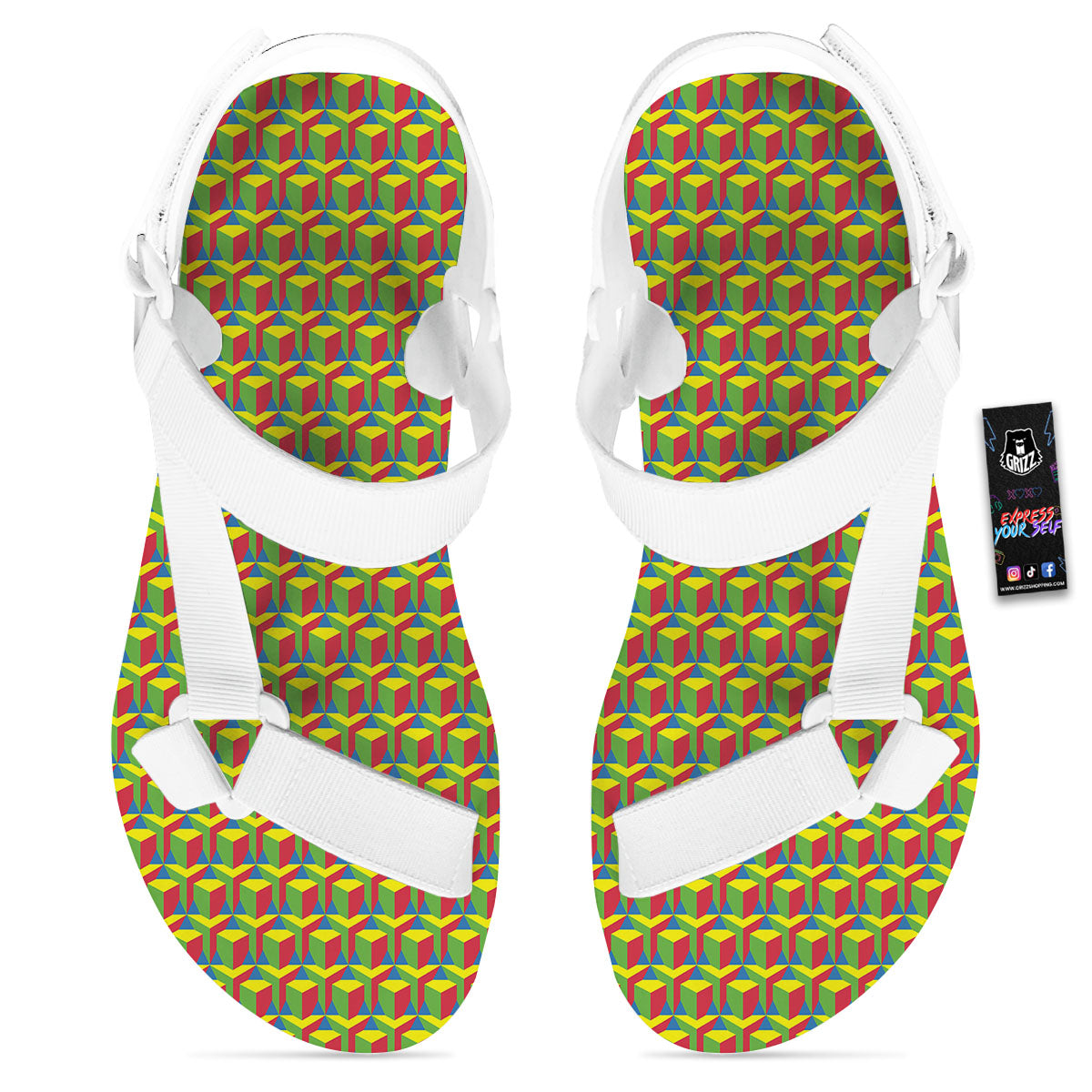 Reggae Geometric Print Pattern White Open Toe Sandals-grizzshop