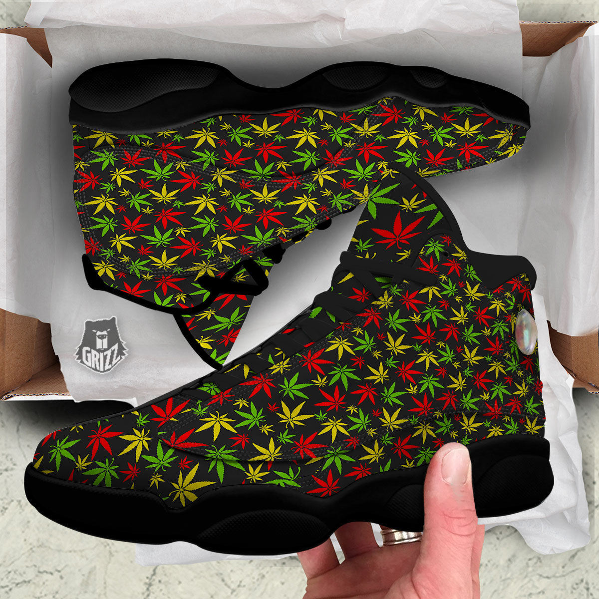 Reggae Hemp Leaf Print Pattern Black Basketball Shoes-grizzshop