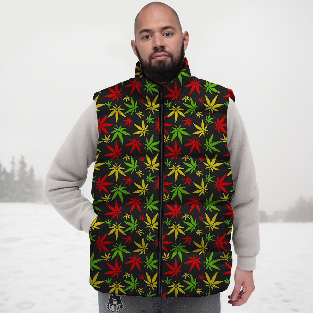 Reggae Hemp Leaf Print Pattern Down Vest-grizzshop