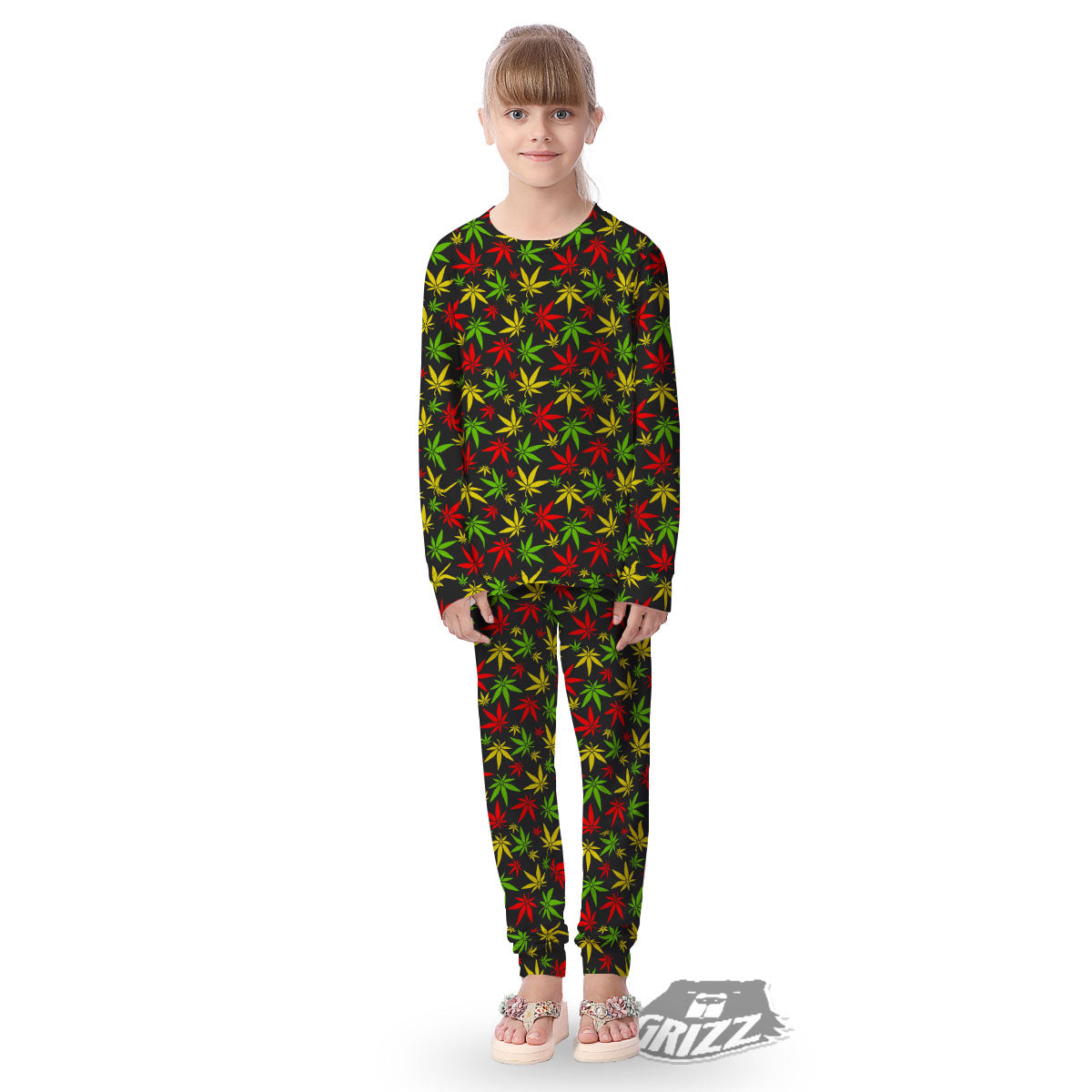 Reggae Hemp Leaf Print Pattern Kid's Pajamas-grizzshop