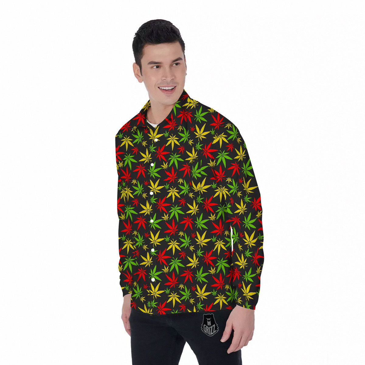 Reggae Hemp Leaf Print Pattern Men's Long Sleeve Shirts-grizzshop