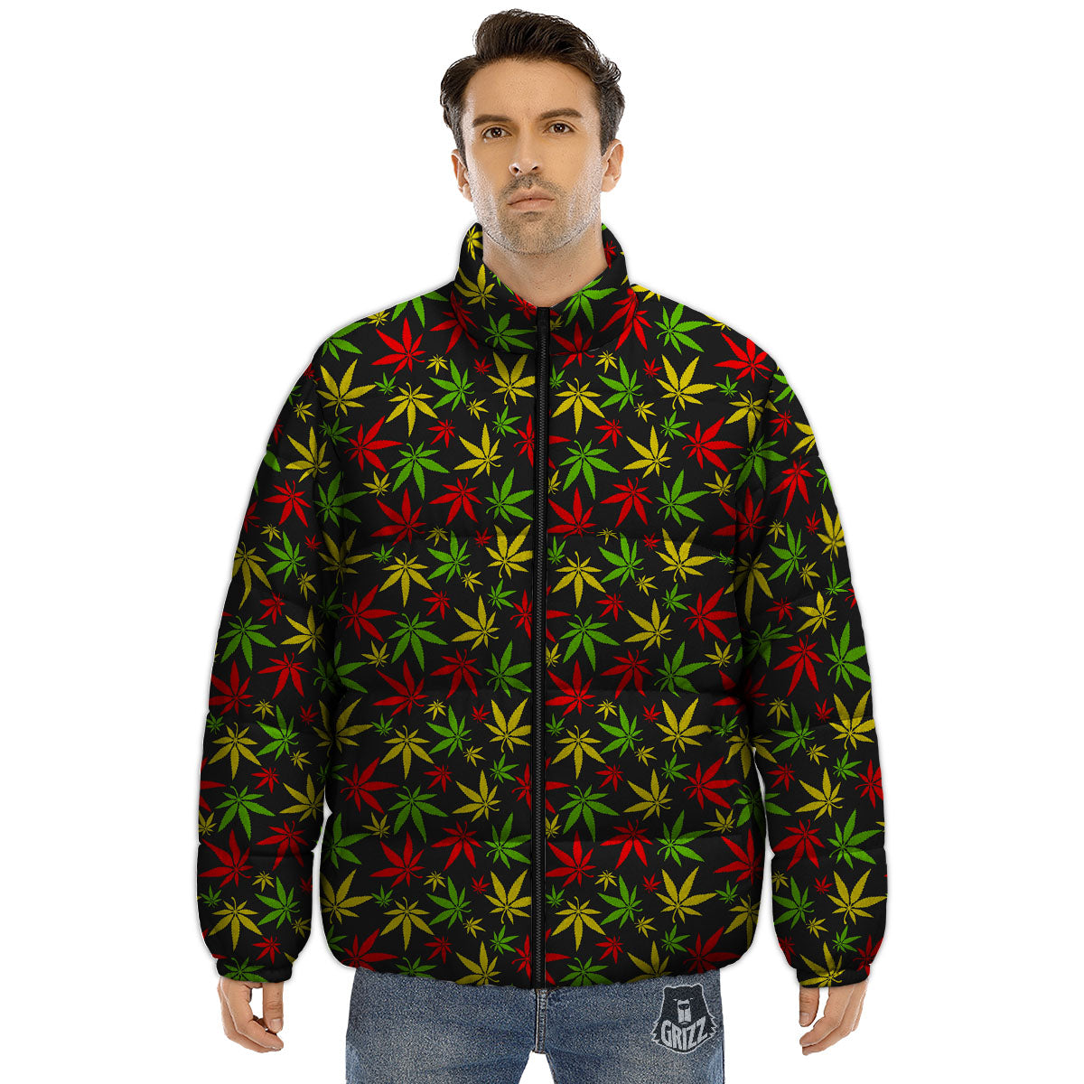 Reggae Hemp Leaf Print Pattern Puffer Jacket-grizzshop