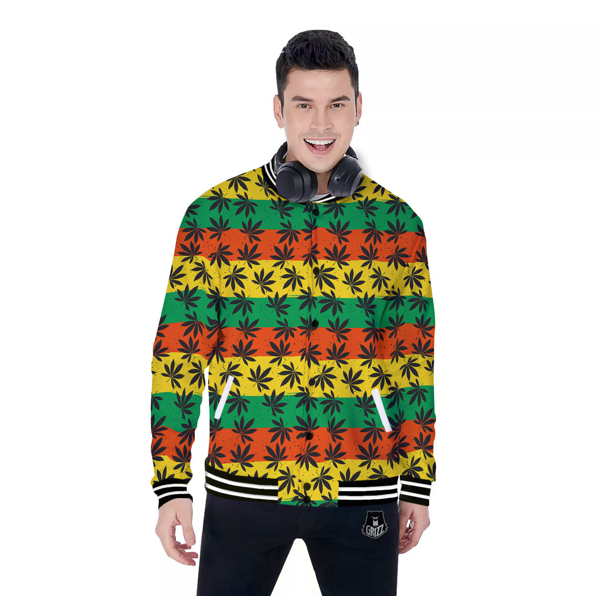 Reggae Hemp Leaves Classic Print Pattern Baseball Jacket-grizzshop