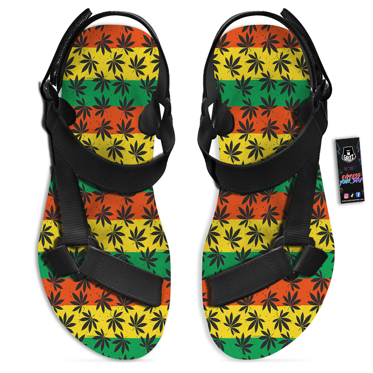 Reggae Hemp Leaves Classic Print Pattern Black Open Toe Sandals-grizzshop