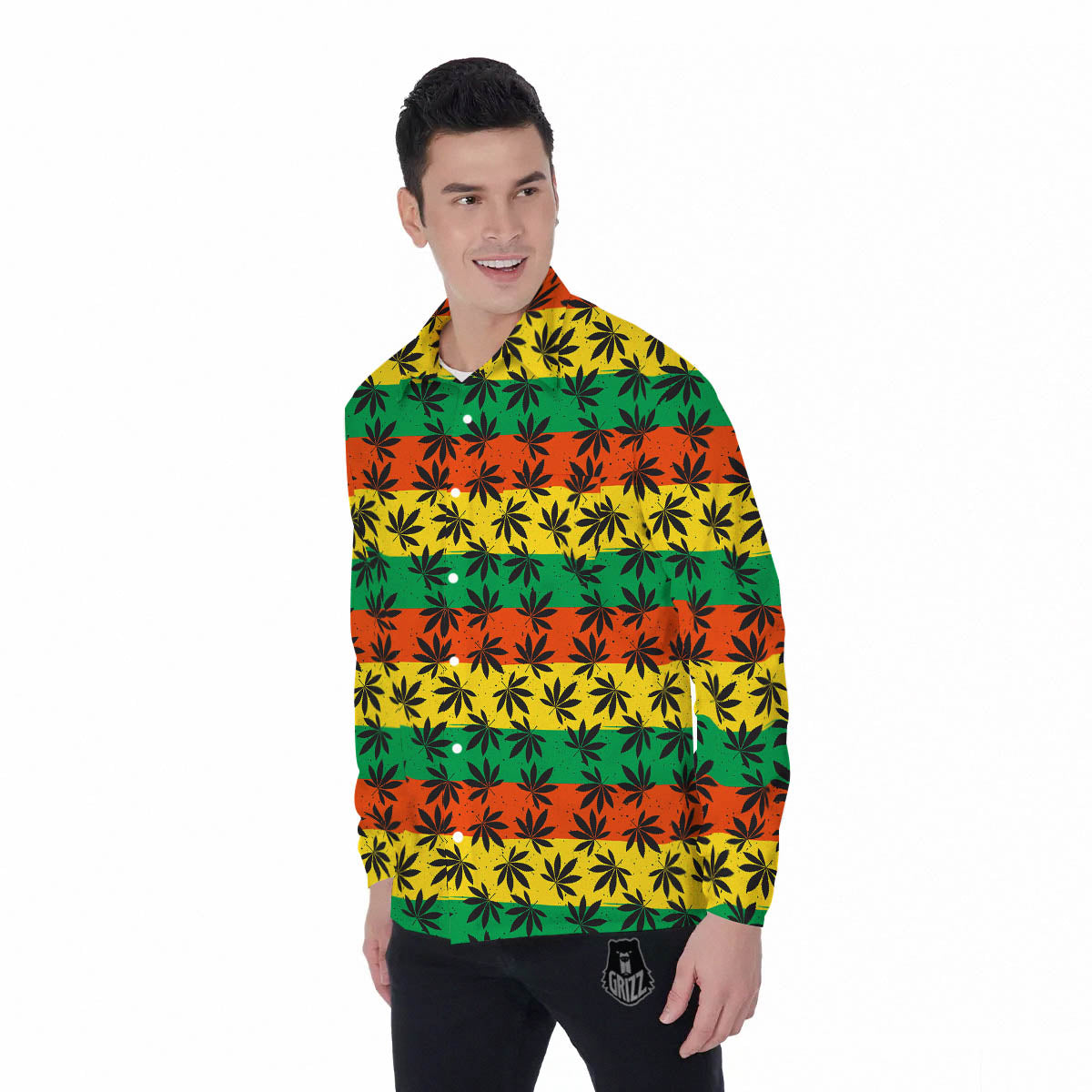 Reggae Hemp Leaves Classic Print Pattern Men's Long Sleeve Shirts-grizzshop