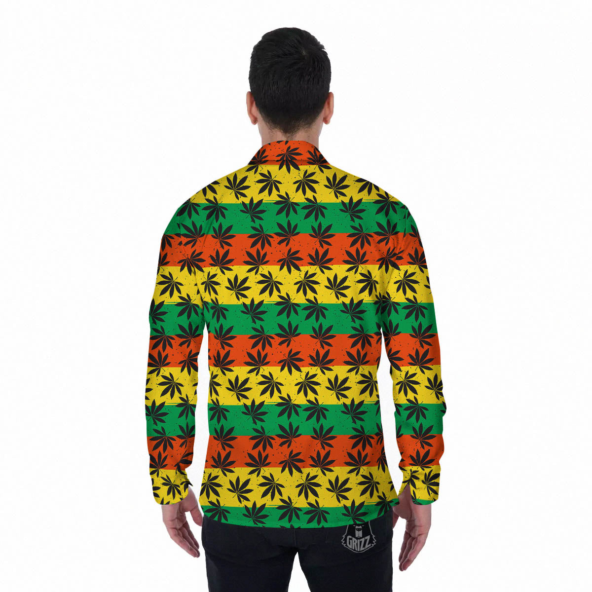 Reggae Hemp Leaves Classic Print Pattern Men's Long Sleeve Shirts-grizzshop