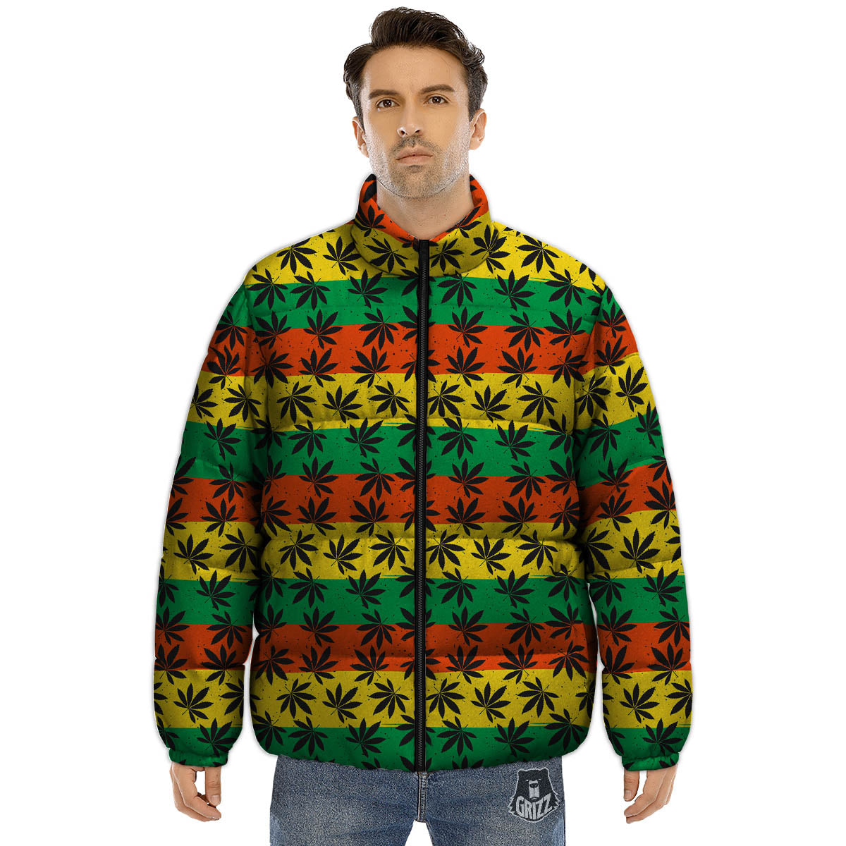 Reggae Hemp Leaves Classic Print Pattern Puffer Jacket-grizzshop