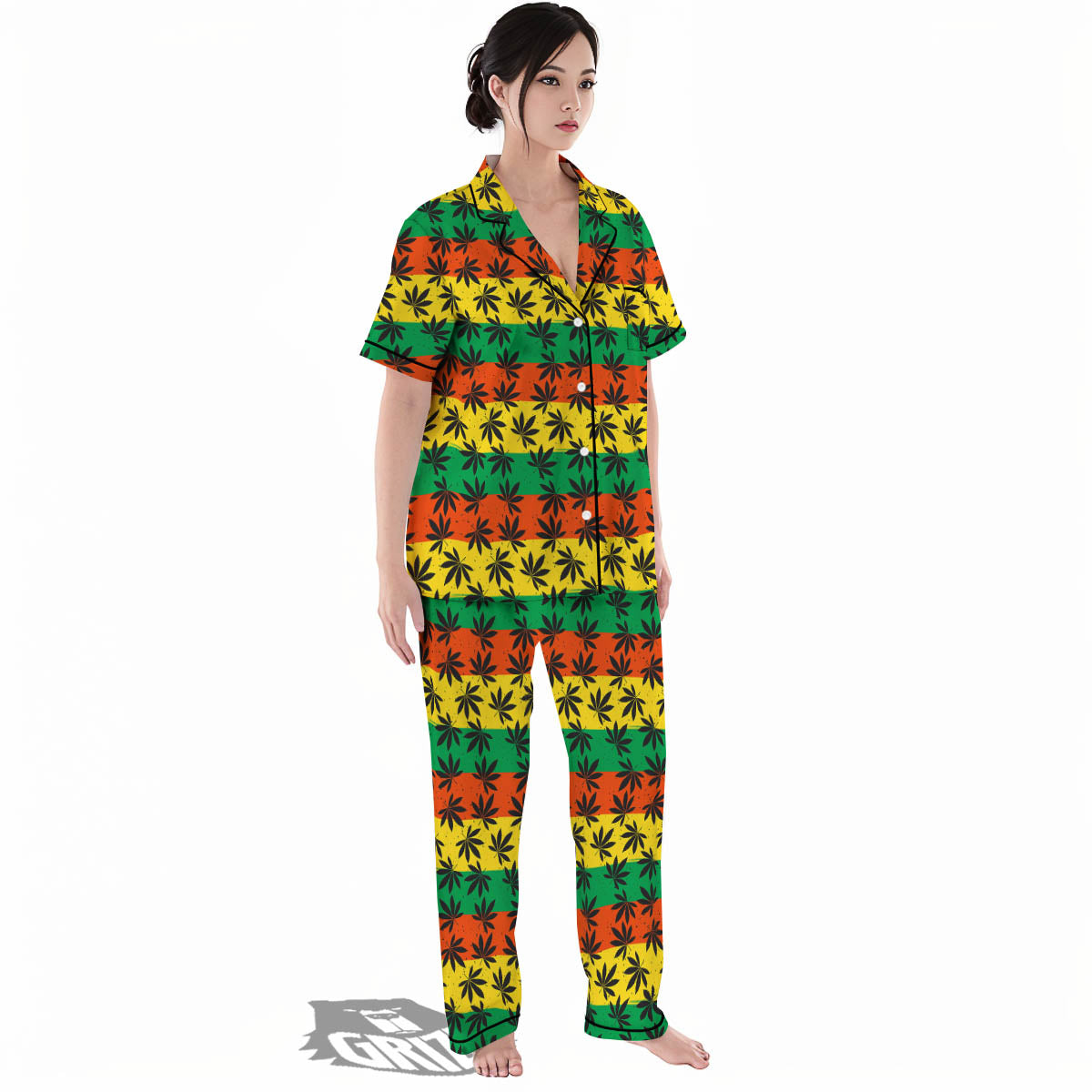 Reggae Hemp Leaves Classic Print Pattern Women's Pajamas Set-grizzshop