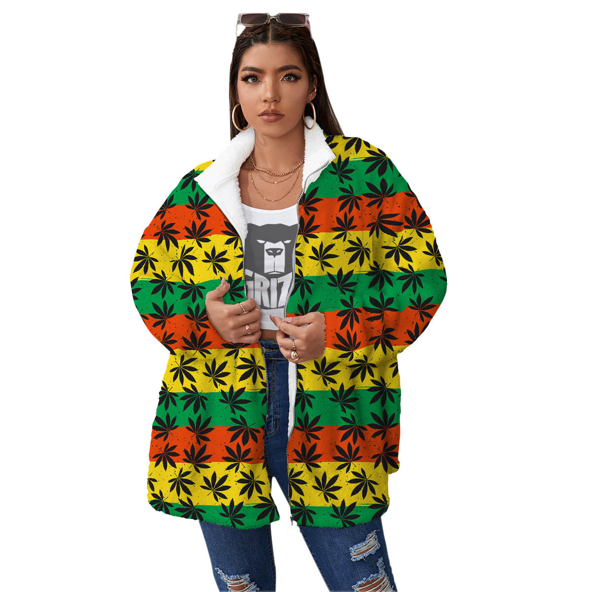 Reggae Hemp Leaves Classic Print Pattern Women's Sherpa Jacket-grizzshop
