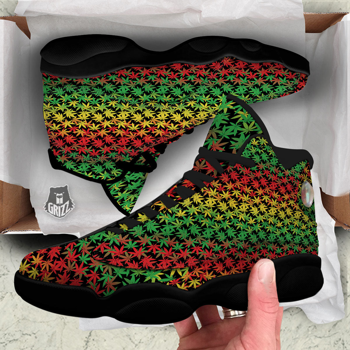 Reggae Hemp Leaves Print Pattern Black Basketball Shoes-grizzshop