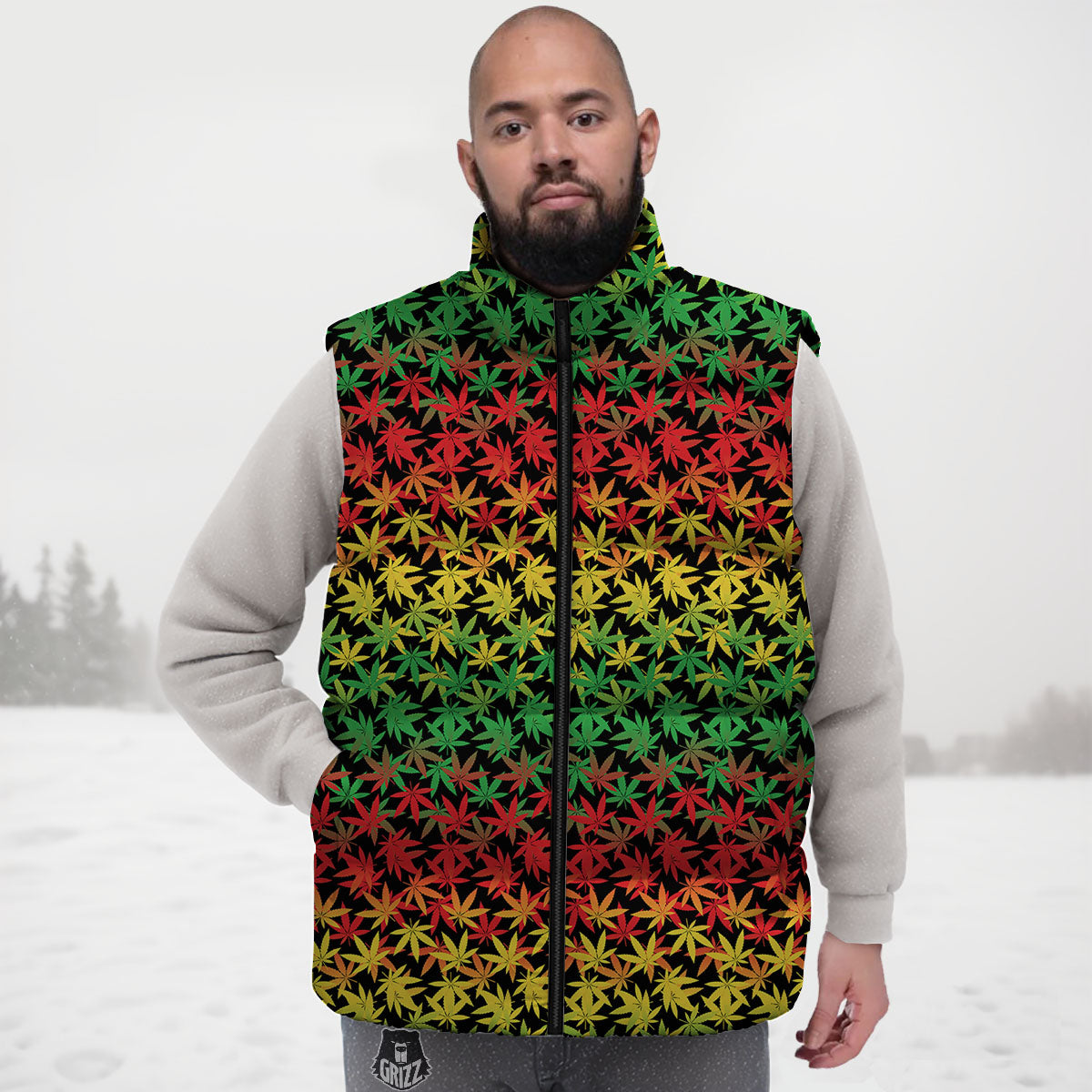 Reggae Hemp Leaves Print Pattern Down Vest-grizzshop
