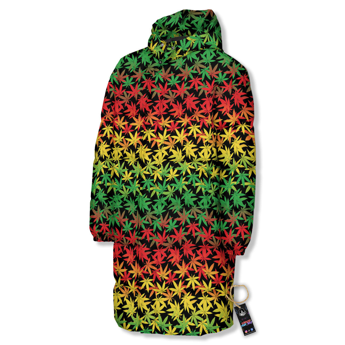 Reggae Hemp Leaves Print Pattern Long Down Jacket-grizzshop