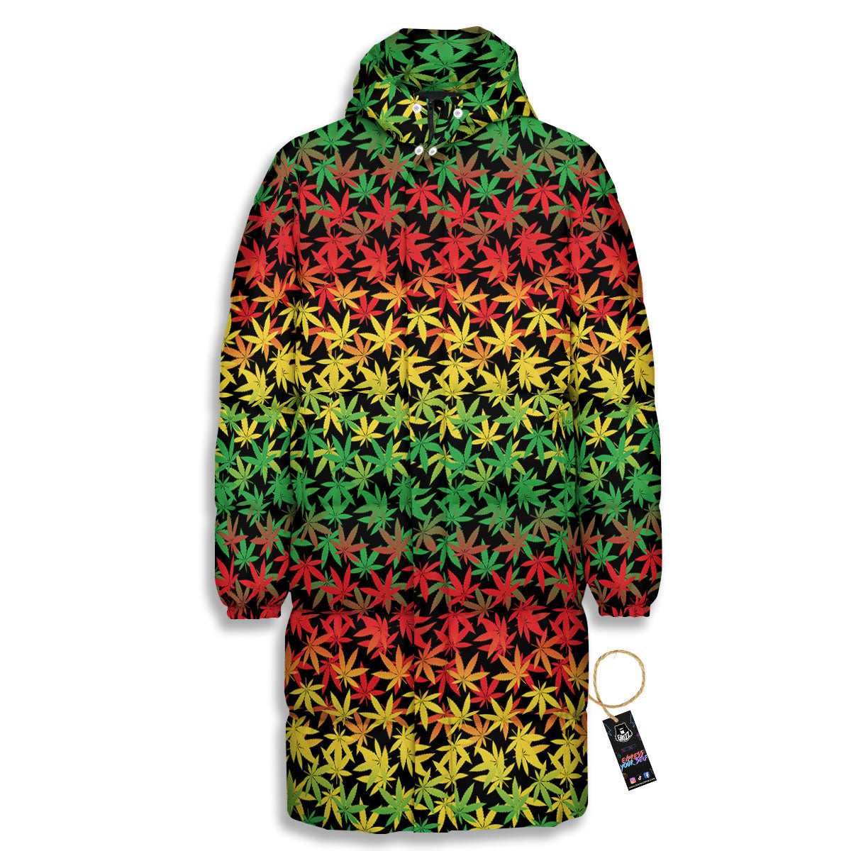 Reggae Hemp Leaves Print Pattern Long Down Jacket-grizzshop