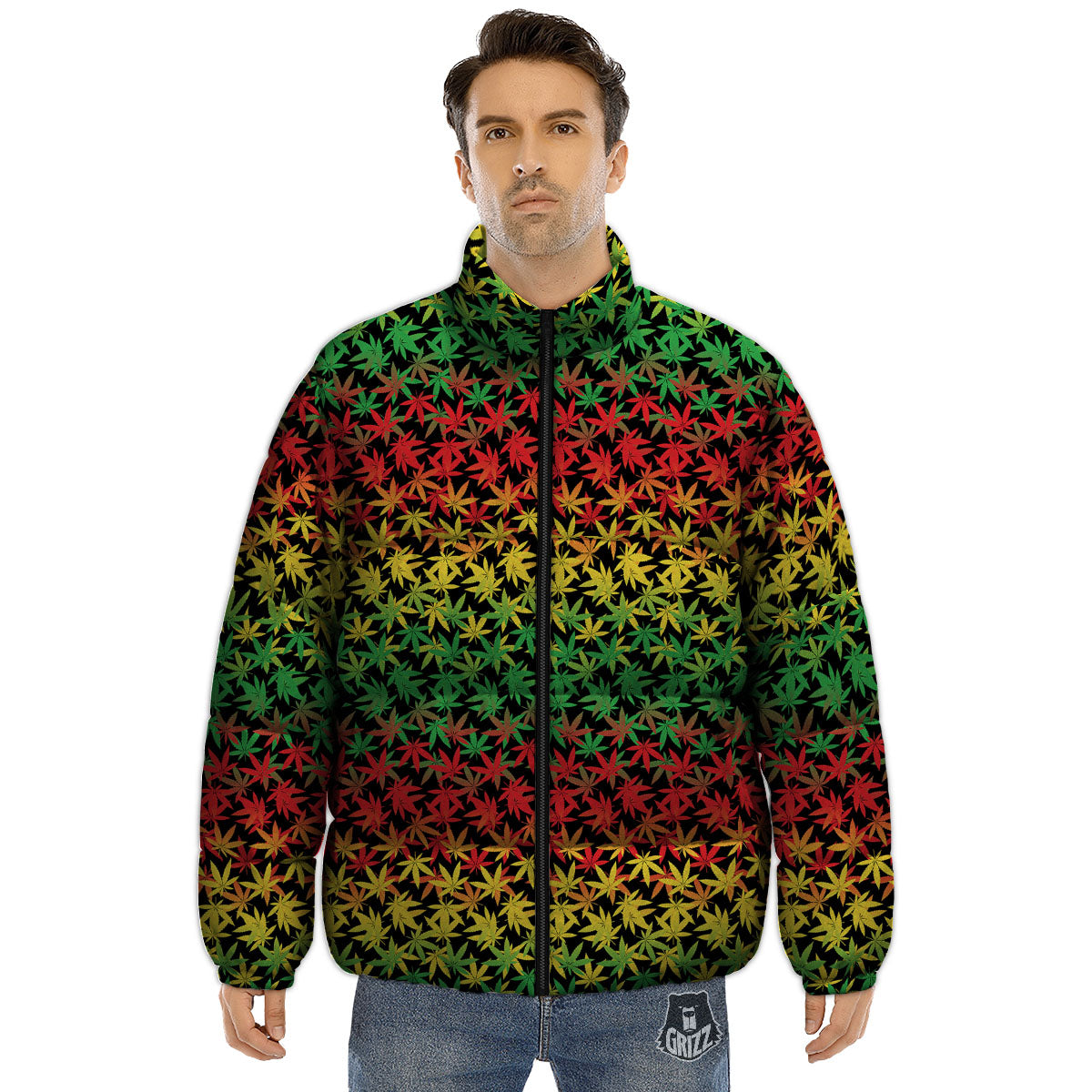 Reggae Hemp Leaves Print Pattern Puffer Jacket-grizzshop