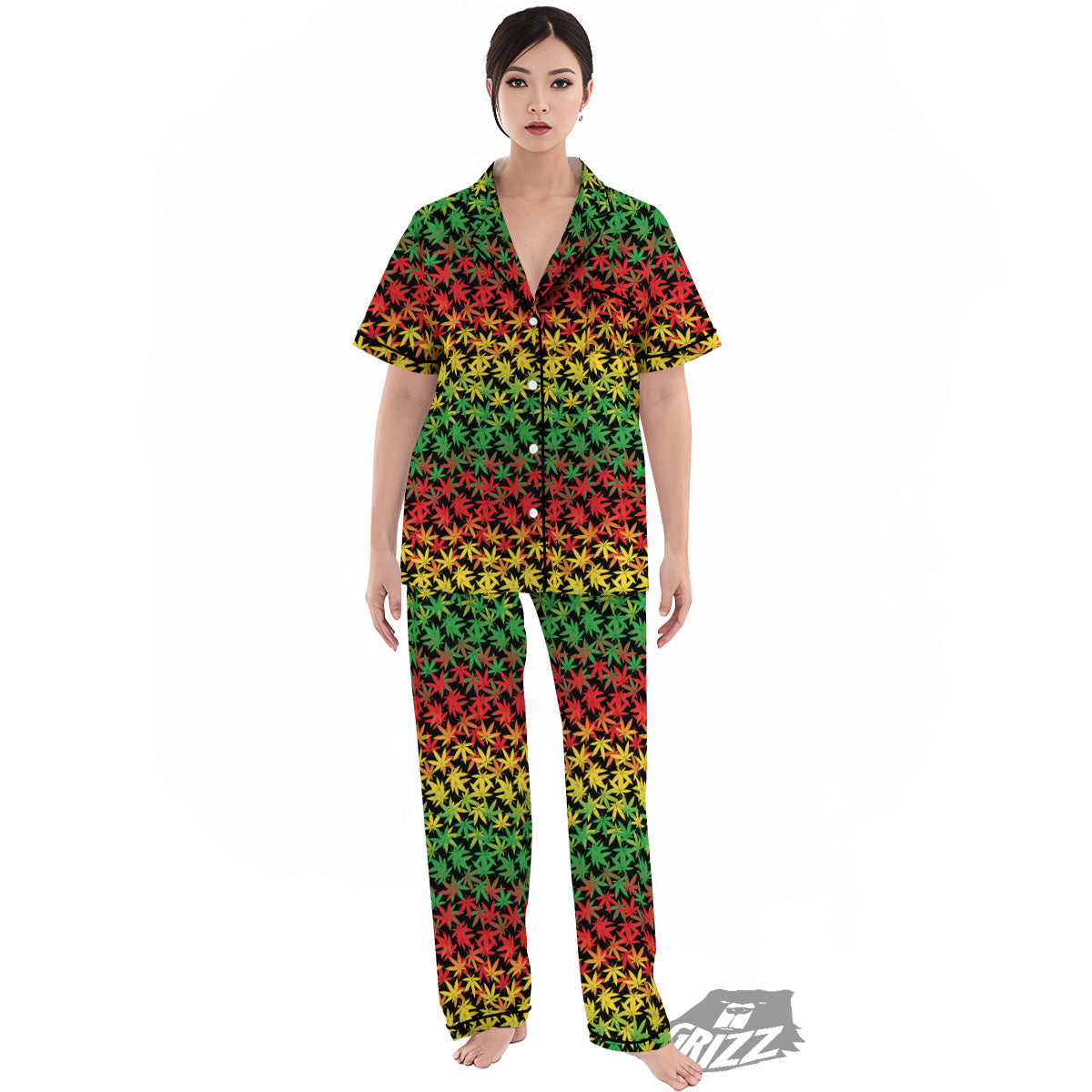 Reggae Hemp Leaves Print Pattern Women's Pajamas Set-grizzshop