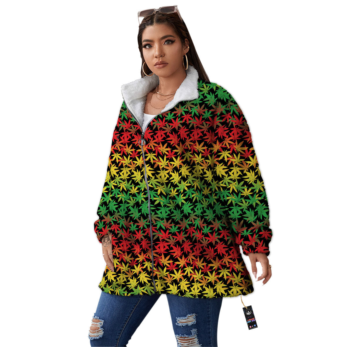 Reggae Hemp Leaves Print Pattern Women's Sherpa Jacket-grizzshop