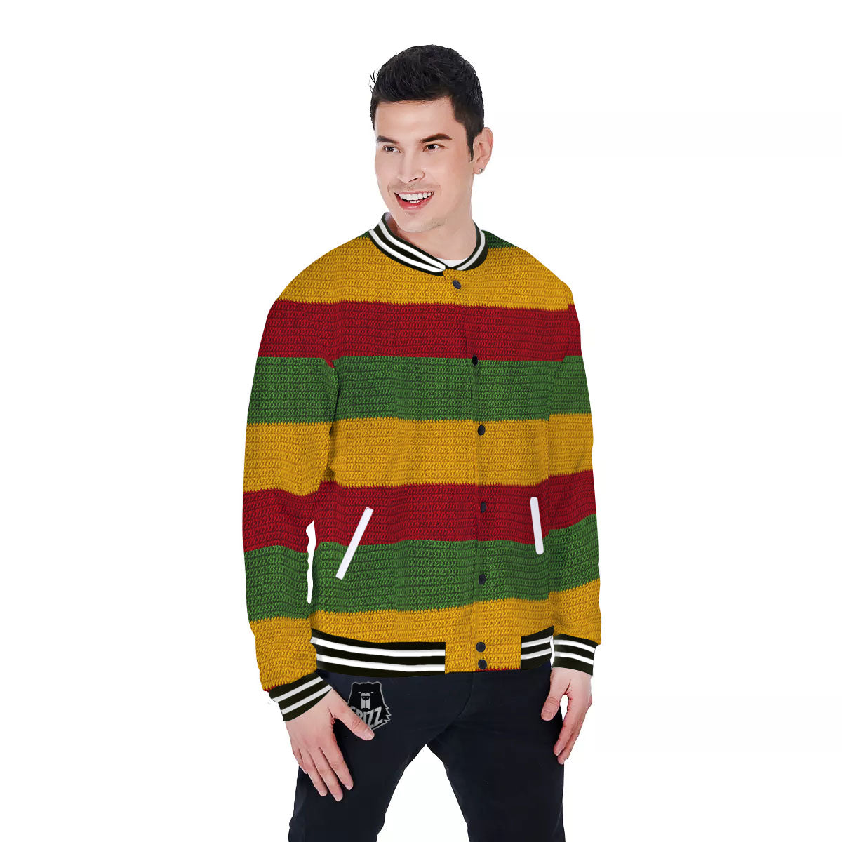 Reggae Knitted Print Pattern Baseball Jacket-grizzshop