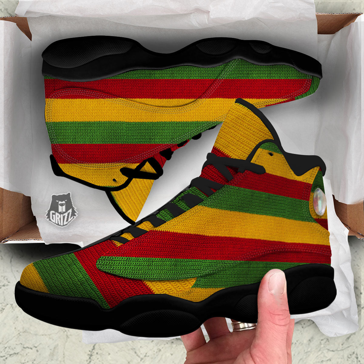 Reggae Knitted Print Pattern Black Basketball Shoes-grizzshop