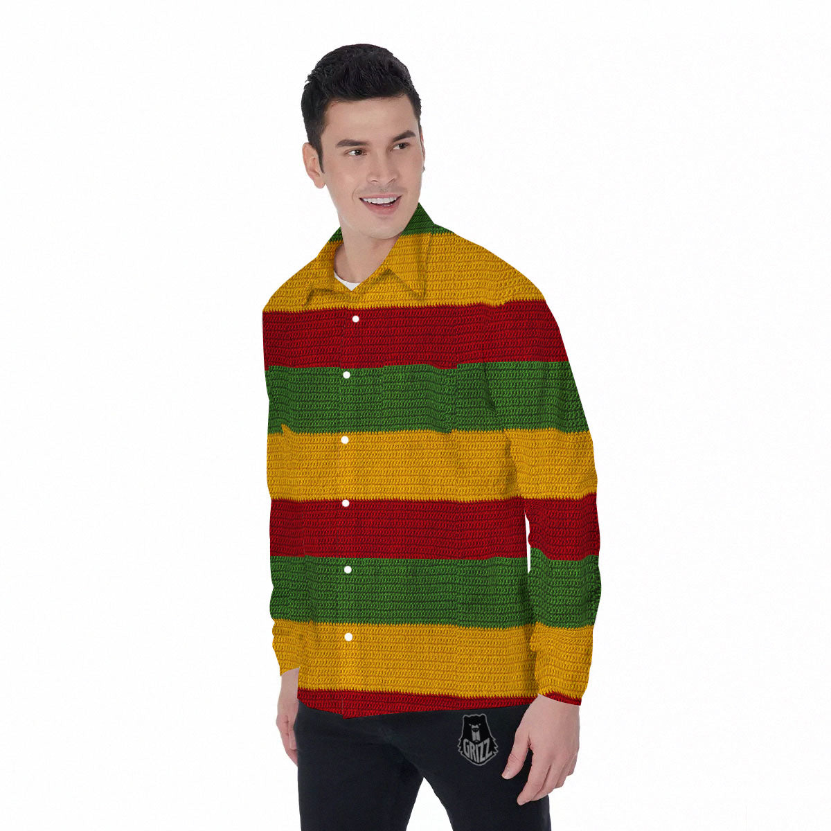 Reggae Knitted Print Pattern Men's Long Sleeve Shirts-grizzshop