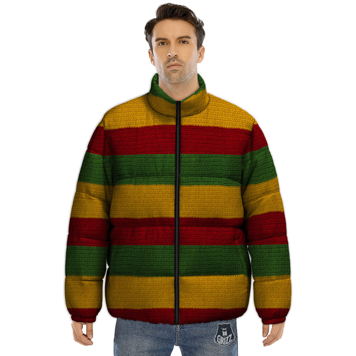 Reggae Knitted Print Pattern Puffer Jacket-grizzshop