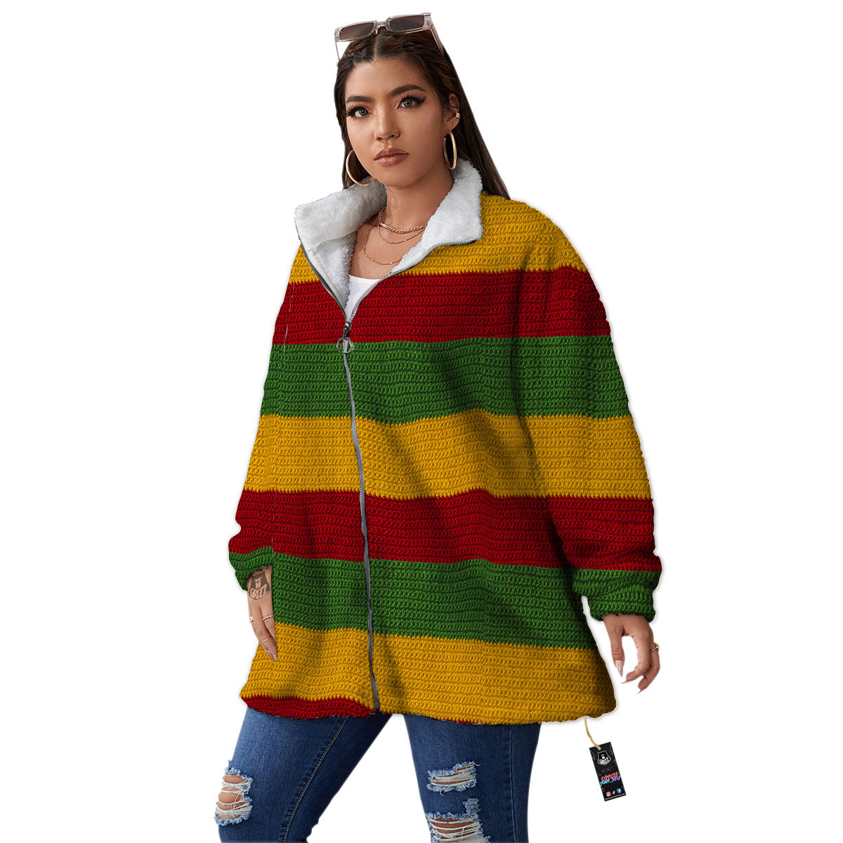 Reggae Knitted Print Pattern Women's Sherpa Jacket-grizzshop