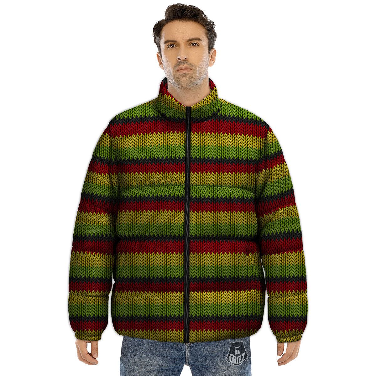 Reggae Knitted Style Print Pattern Puffer Jacket-grizzshop