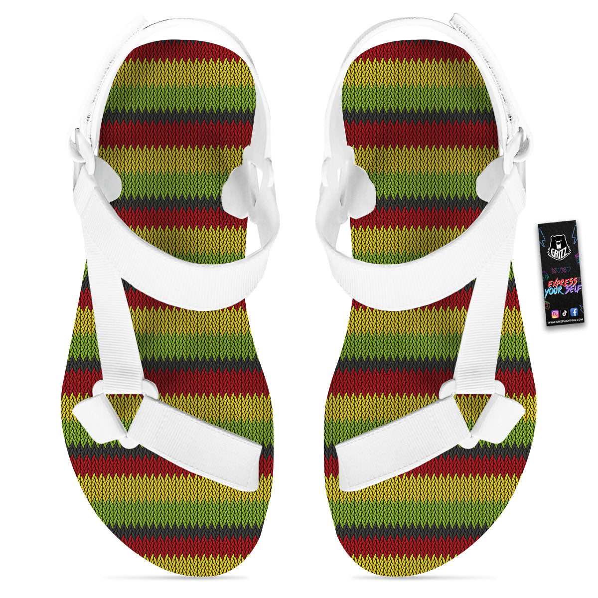 Reggae Knitted Style Print Pattern White Open Toe Sandals-grizzshop