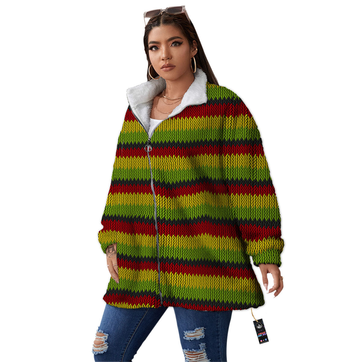 Reggae Knitted Style Print Pattern Women's Sherpa Jacket-grizzshop