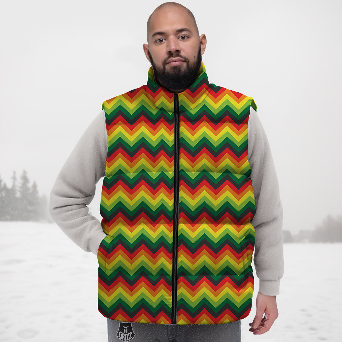Reggae Zig Zag Print Pattern Down Vest-grizzshop