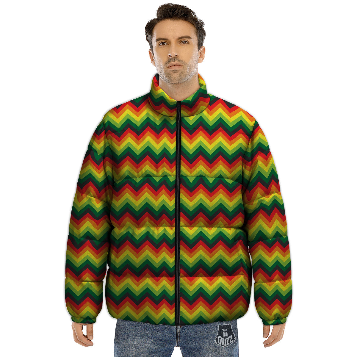 Reggae Zig Zag Print Pattern Puffer Jacket-grizzshop