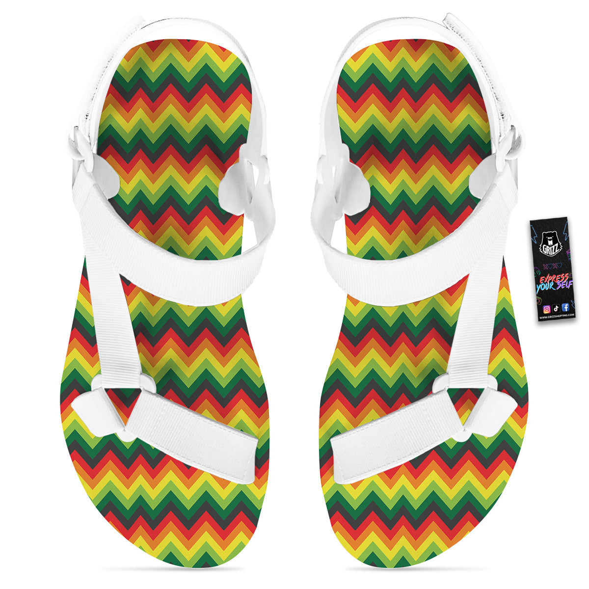 Reggae Zig Zag Print Pattern White Open Toe Sandals-grizzshop