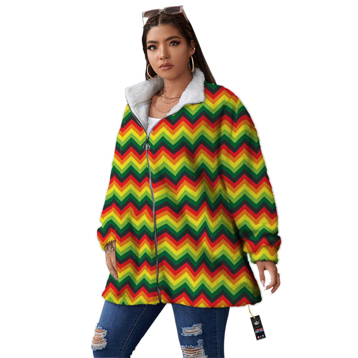 Reggae Zig Zag Print Pattern Women's Sherpa Jacket-grizzshop